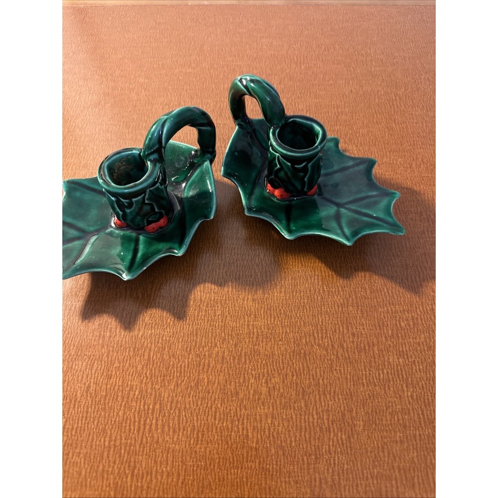 Vintage Christmas Ceramic‎ Mold Holly Leaf Candle Holders 1980 Holiday